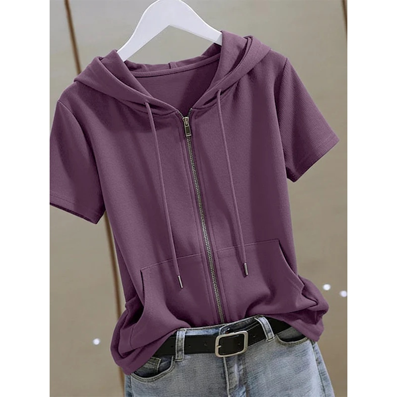 Women Summer Zip‑Up Short Slee - đánh giá và giá Women'S Fashion Zip Hoodie
